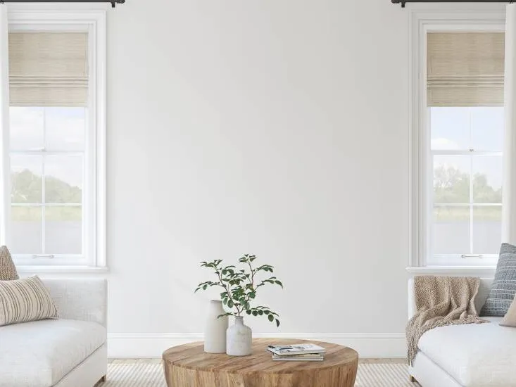 A minimalist living room in Santa Rosa featuring white walls, two sofas, a wooden coffee table, and window blinds from Discount Best Blinds and Shutters.